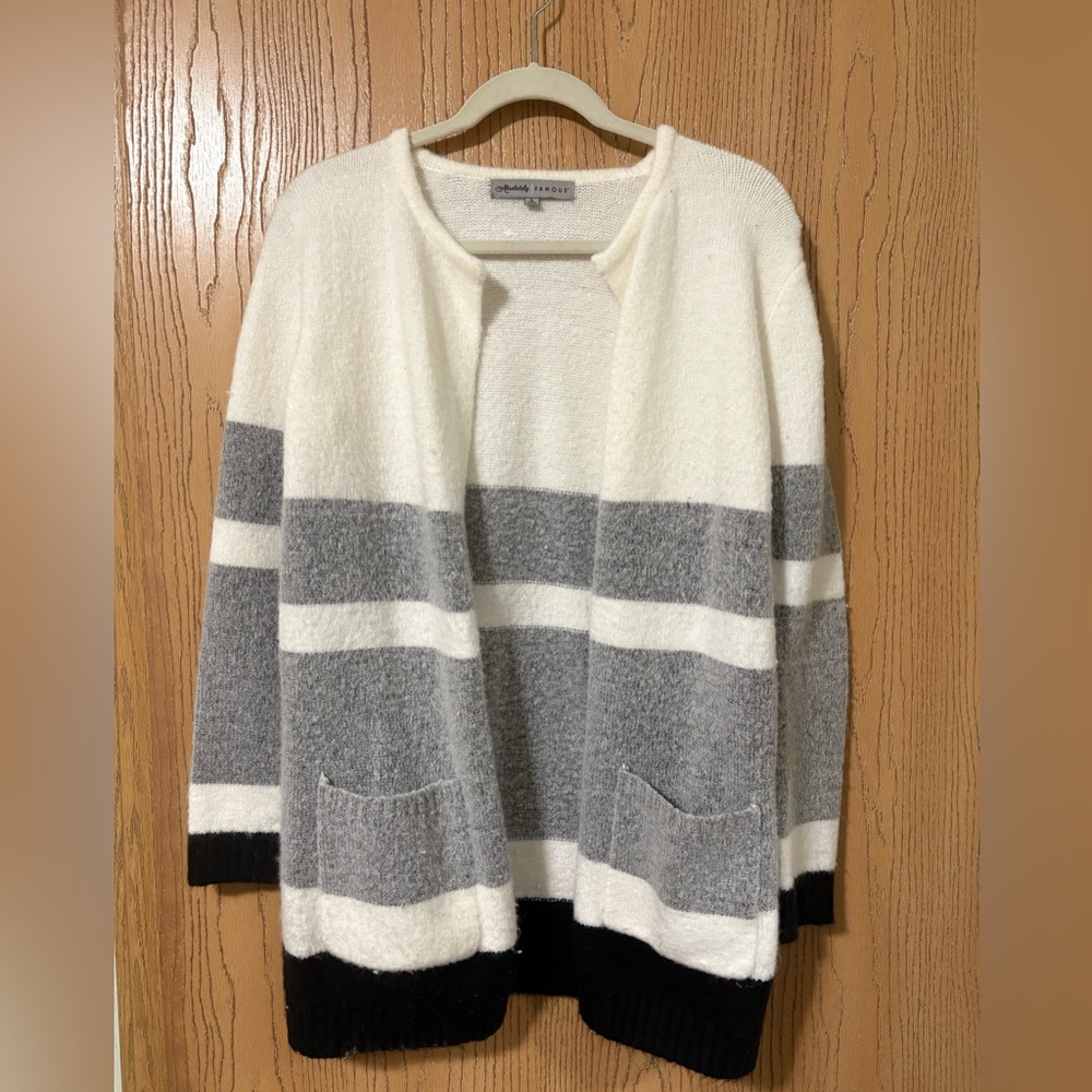 Absolutely Famous Women's Size Small Striped Cardigan White, Gray, and Black